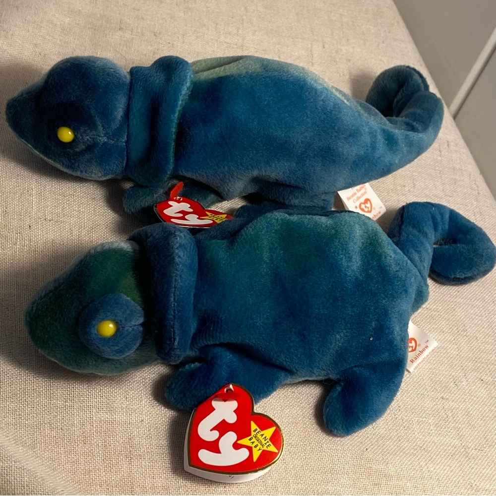 2 Ty beanie babies LOT Rainbow The Chameleon Plush stuffed animals 90s ty baby
